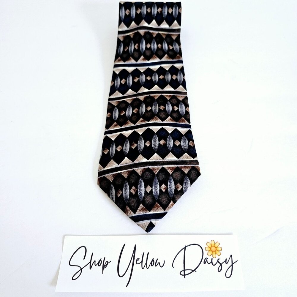 Albert Nipon Geometric Pattern‎ Silk Tie Mens Accessory Black & Brown~T169.3